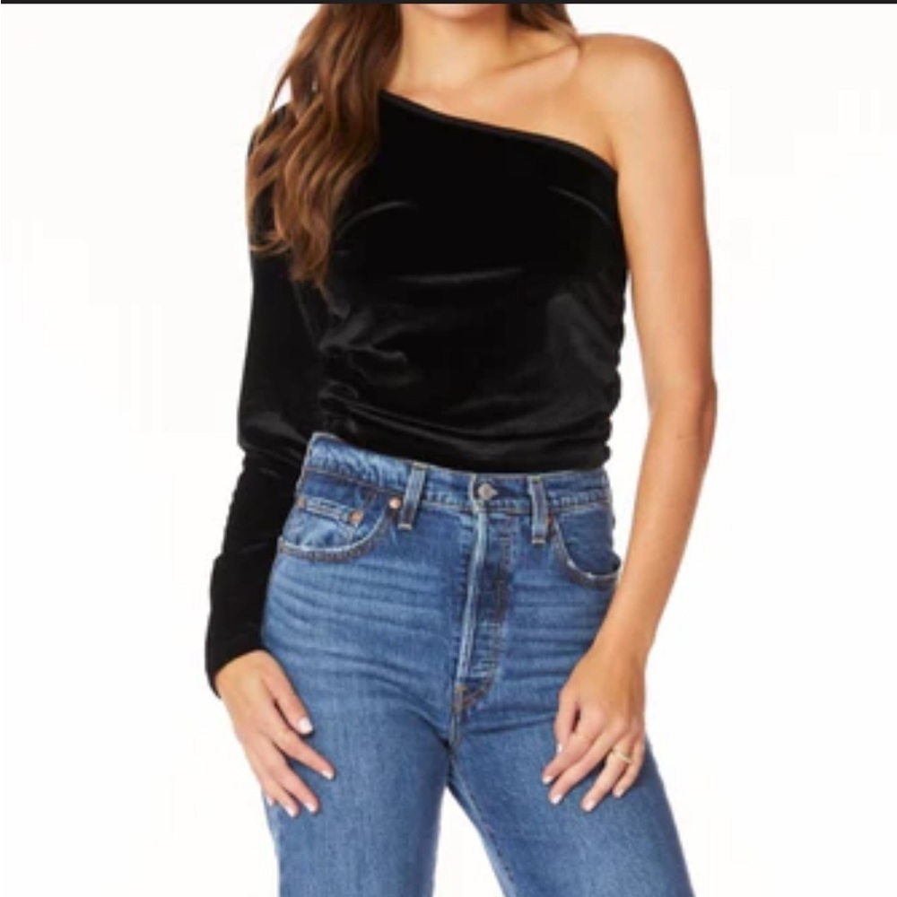 World Market Blue Asymmetrical One Shoulder Dark Blue Velvety Boho Blouson Top L